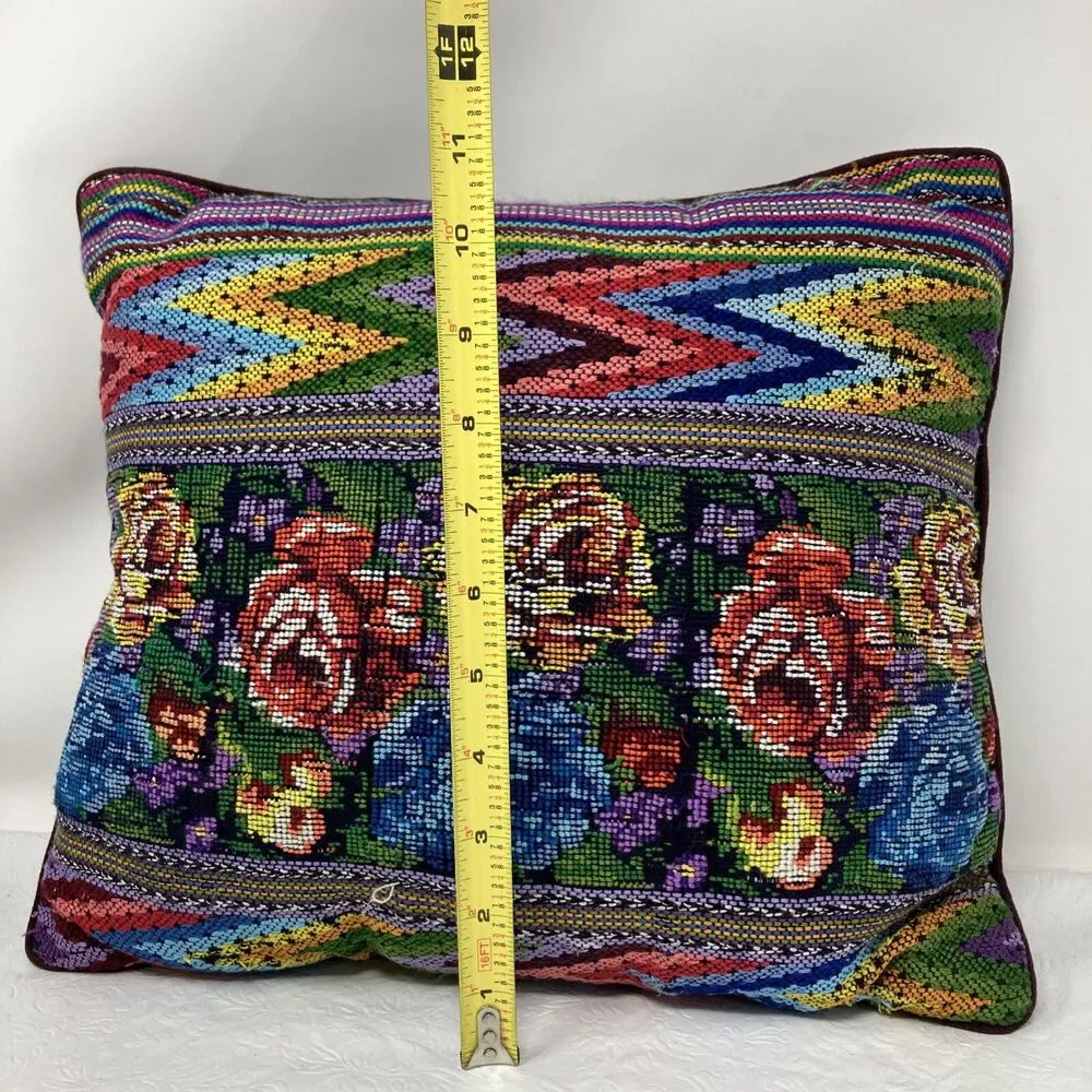 Floral Needlepoint Throw Pillow Rose Zig Zag Stripe cottagecore grannycore VTG